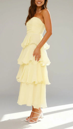 Women's Strapless Ruffle Maxi Wedding Guest Dress | Amber