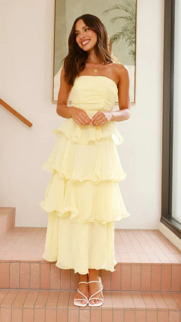 Women's Strapless Ruffle Maxi Wedding Guest Dress | Amber