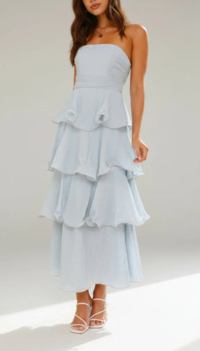 Women's Strapless Ruffle Maxi Wedding Guest Dress | Amber in Blue