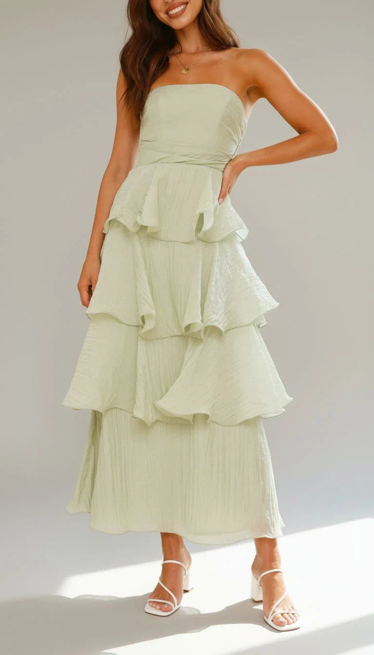 Women's Strapless Ruffle Maxi Wedding Guest Dress | Amber in Green