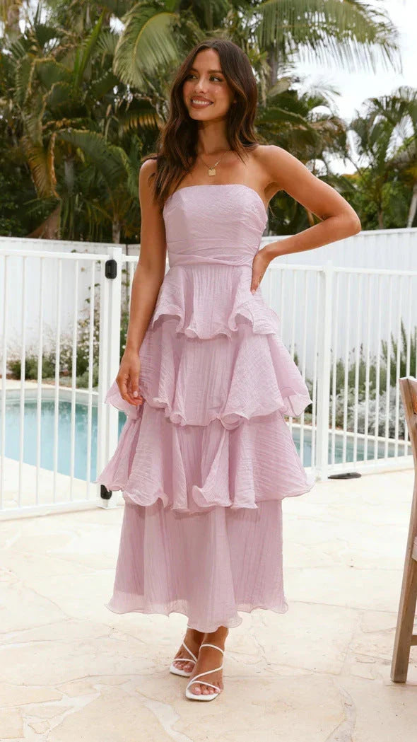 Women's Strapless Ruffle Maxi Wedding Guest Dress | Amber in Light Purple