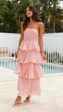 Women's Strapless Ruffle Maxi Wedding Guest Dress | Amber in Pink