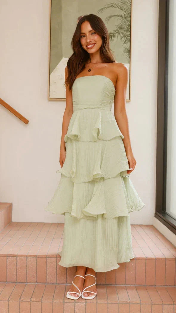 Women's Strapless Ruffle Maxi Wedding Guest Dress | Amber