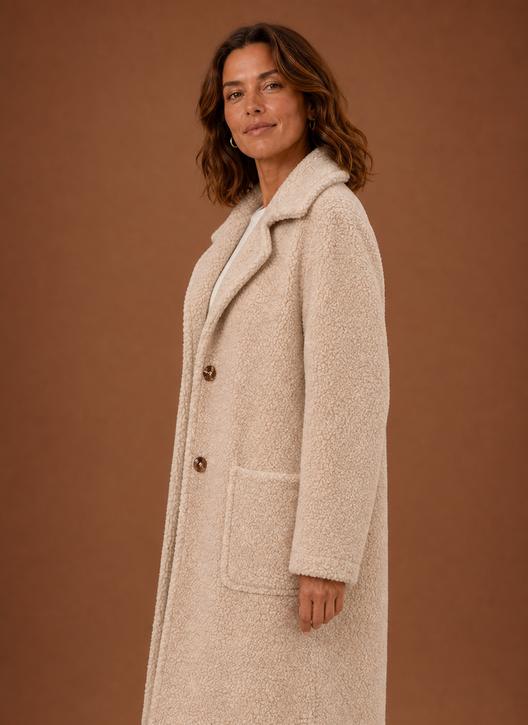 Women's Long Double-Breasted Teddy Winter Coat | Lucrezia in Apricot - Juana Fashion