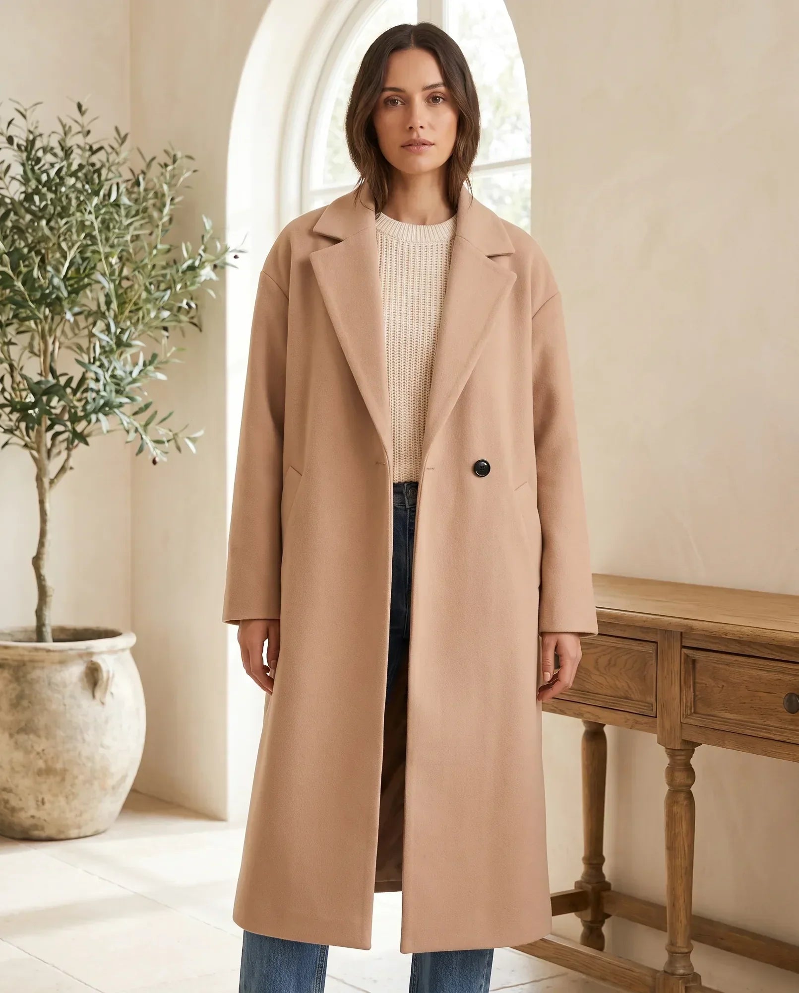 Women's Khaki Long Oversized Wool-Look Coat | Astrid - Juana Fashion