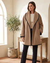 Women's Caramel Long Coat with Contrast Trim | Romy - Juana Fashion