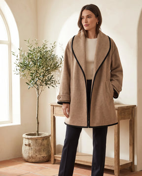Women's Caramel Long Coat with Contrast Trim | Romy - Juana Fashion