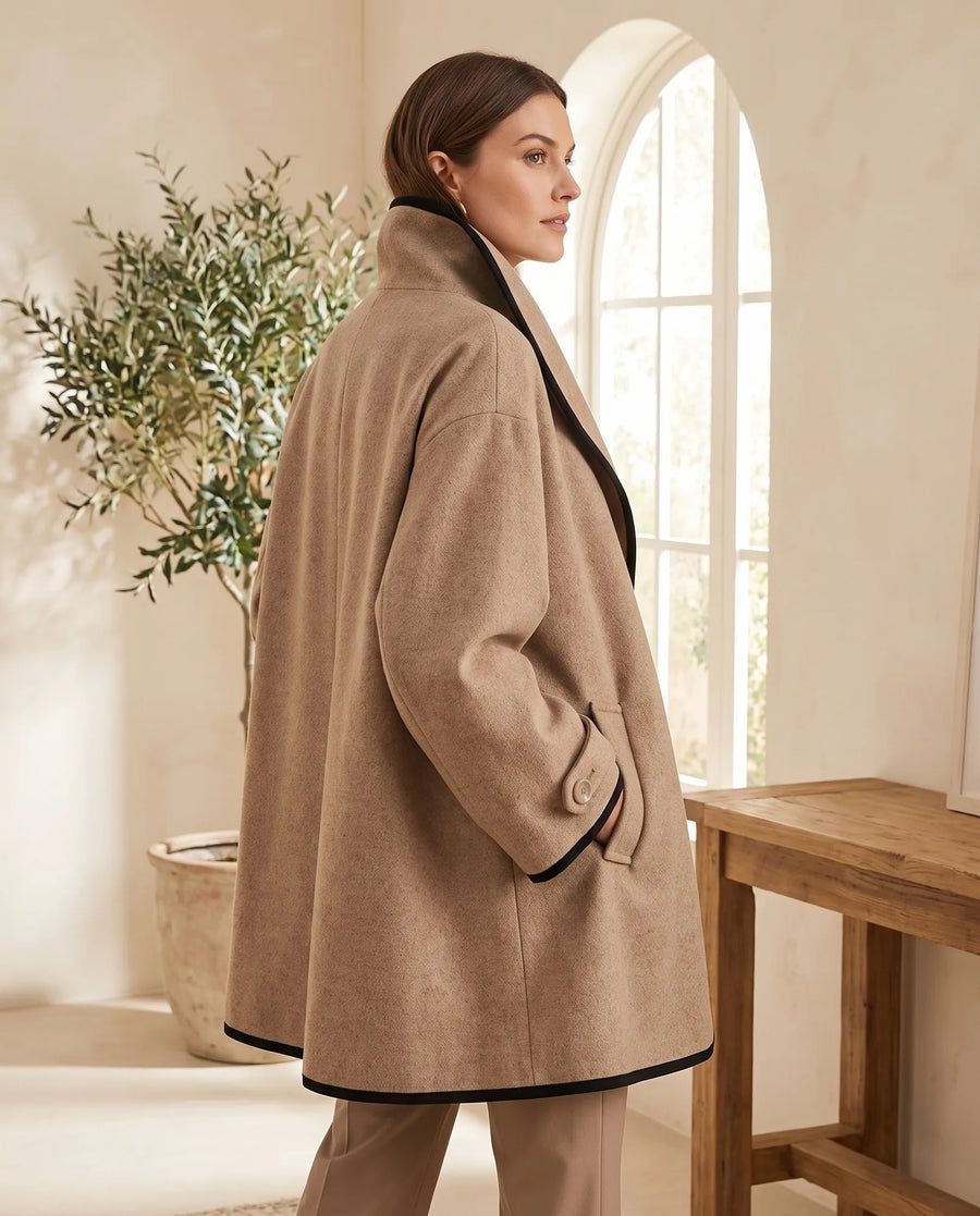 Women's Caramel Long Coat with Contrast Trim | Romy - Juana Fashion