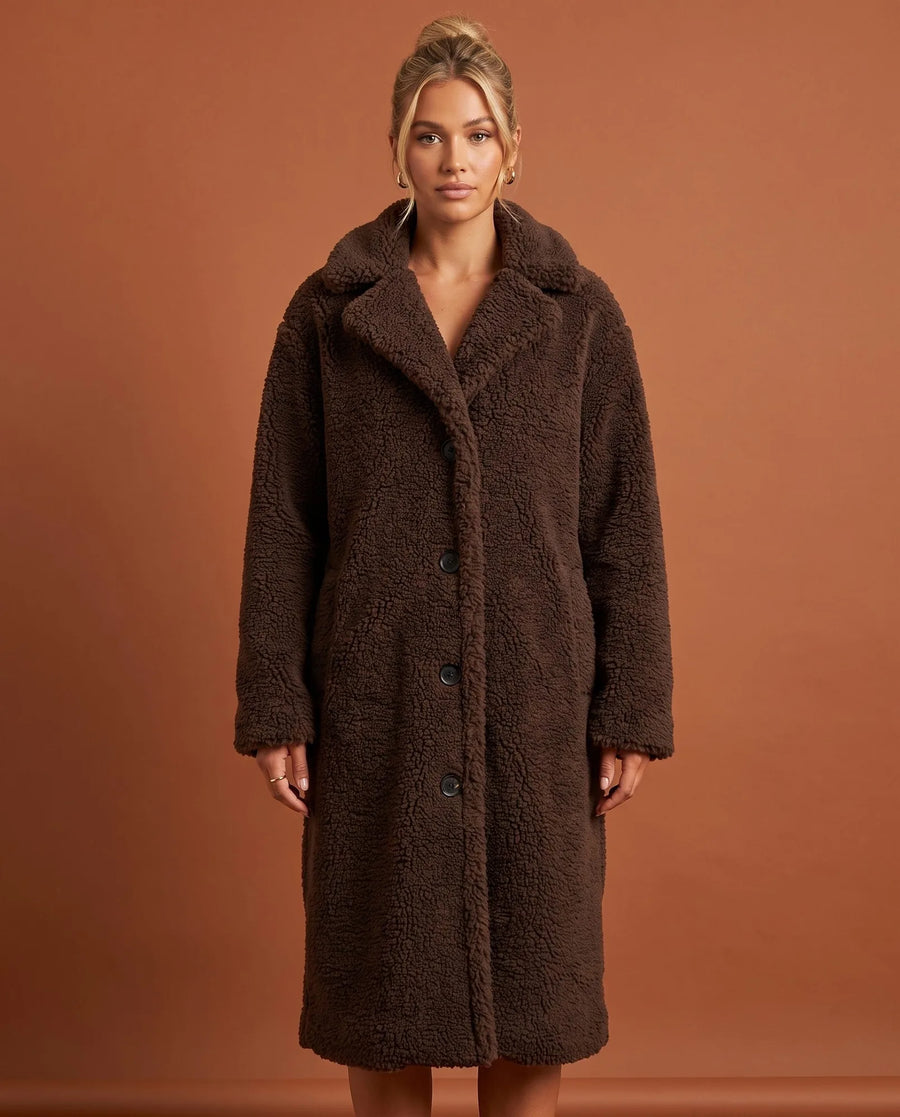 Women's Coffee Brown Long Teddy Coat | Delphine - Juana Fashion