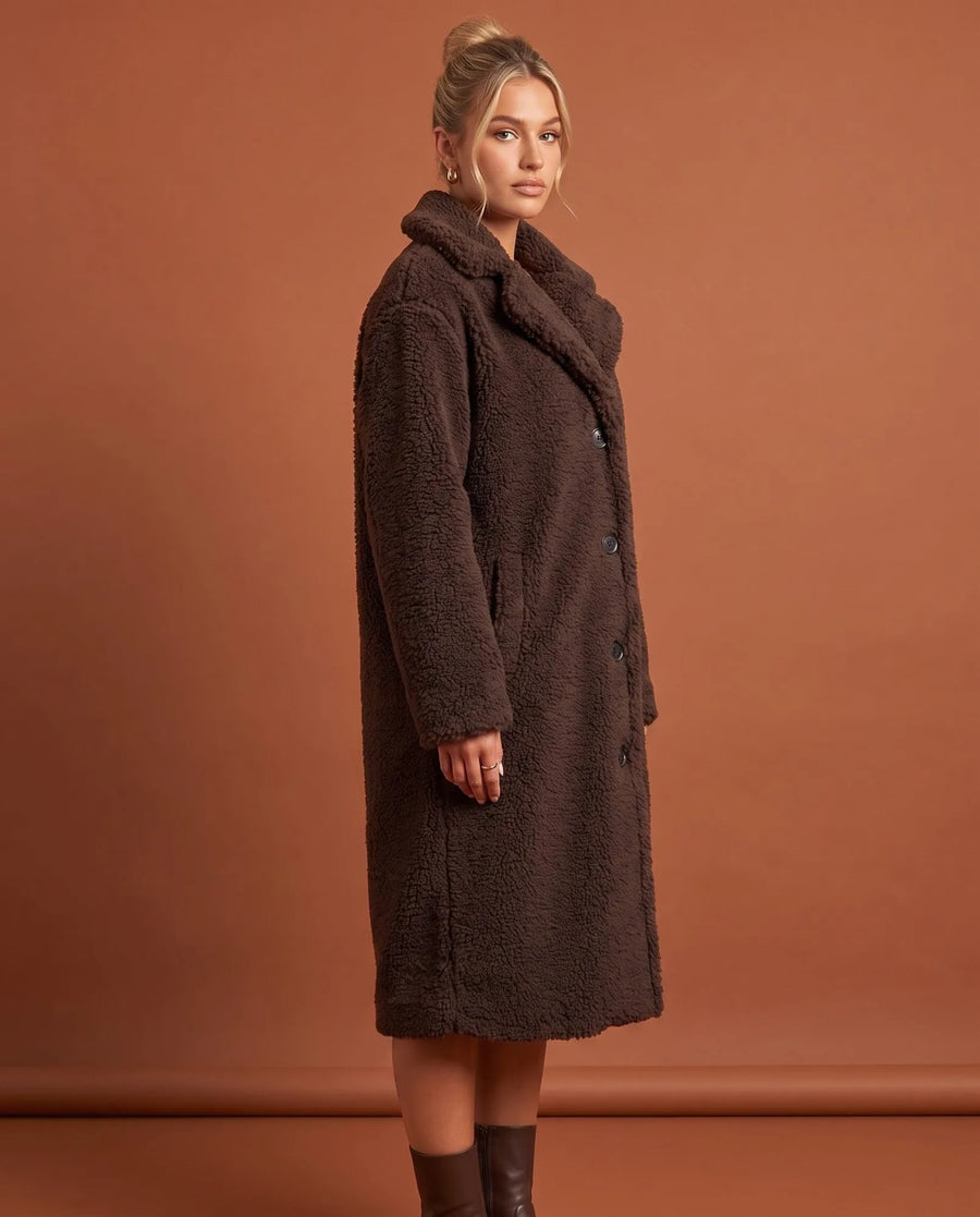 Women's Coffee Brown Long Teddy Coat | Delphine - Juana Fashion