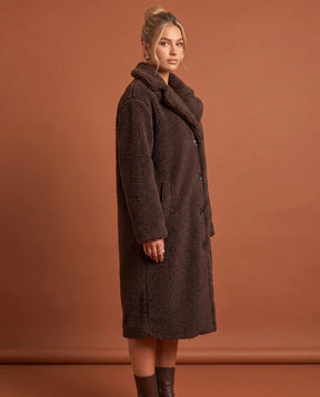 Women's Coffee Brown Long Teddy Coat | Delphine - Juana Fashion