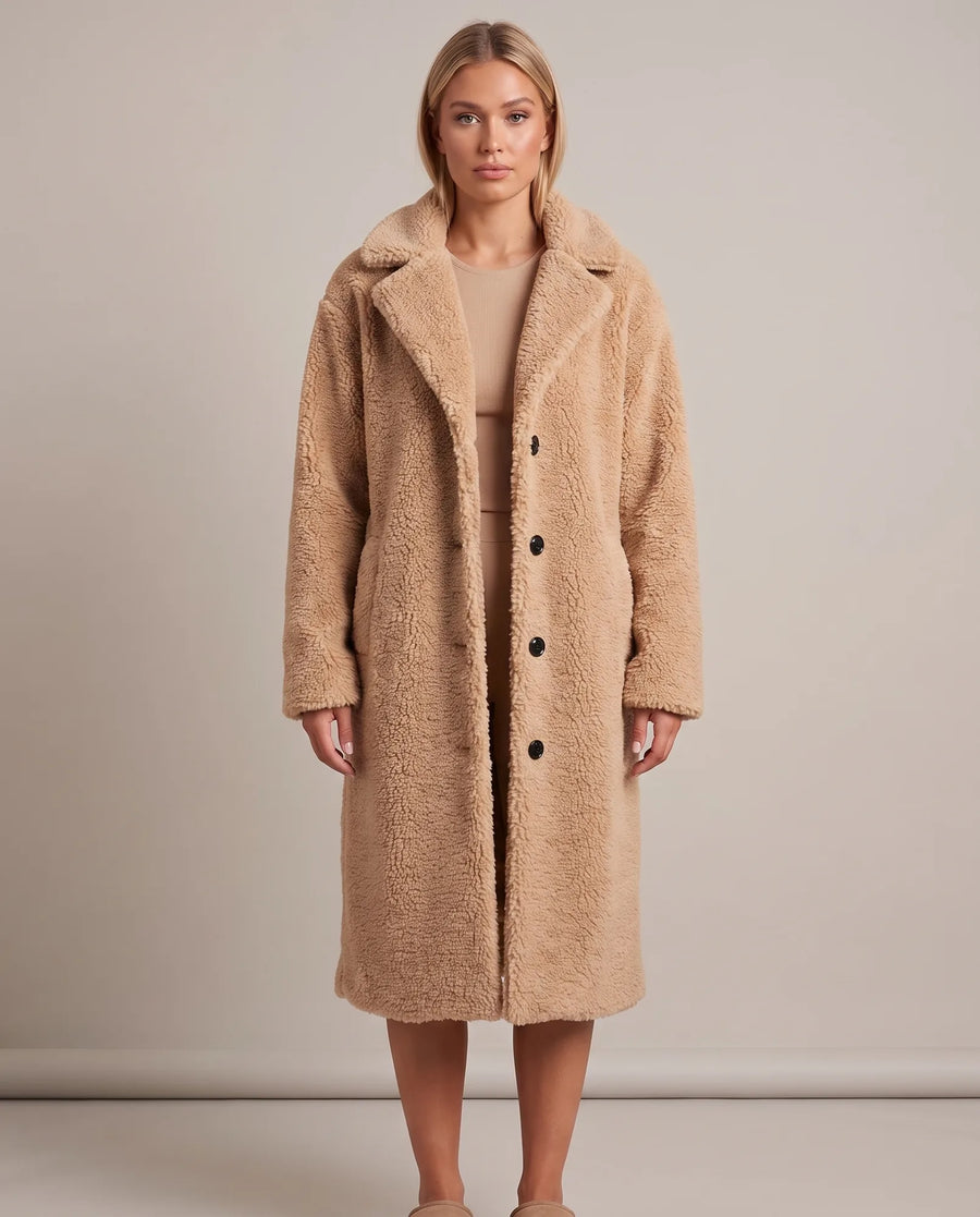 Women's Khaki Long Teddy Coat | Delphine - Juana Fashion