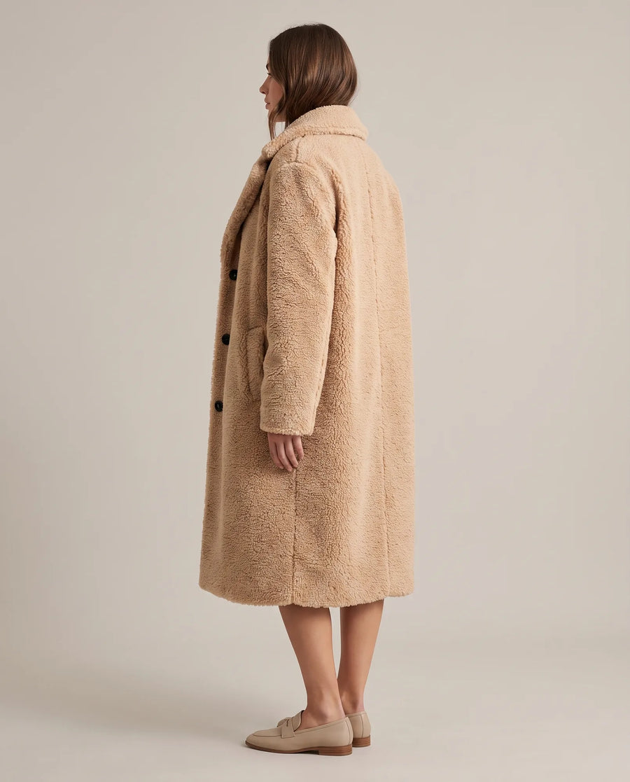 Women's Khaki Long Teddy Coat | Delphine - Juana Fashion