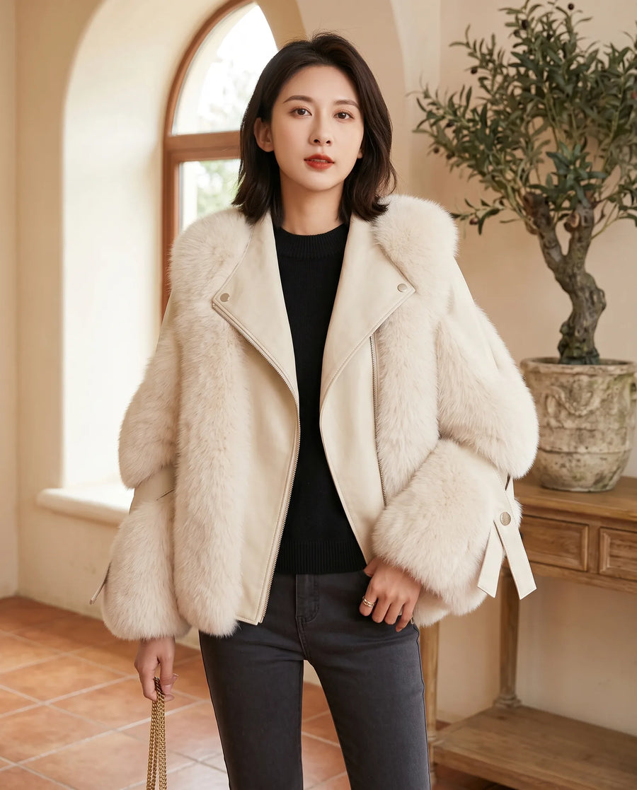 Women's Off-White Cropped Fluffy Jacket | Faye - Juana Fashion