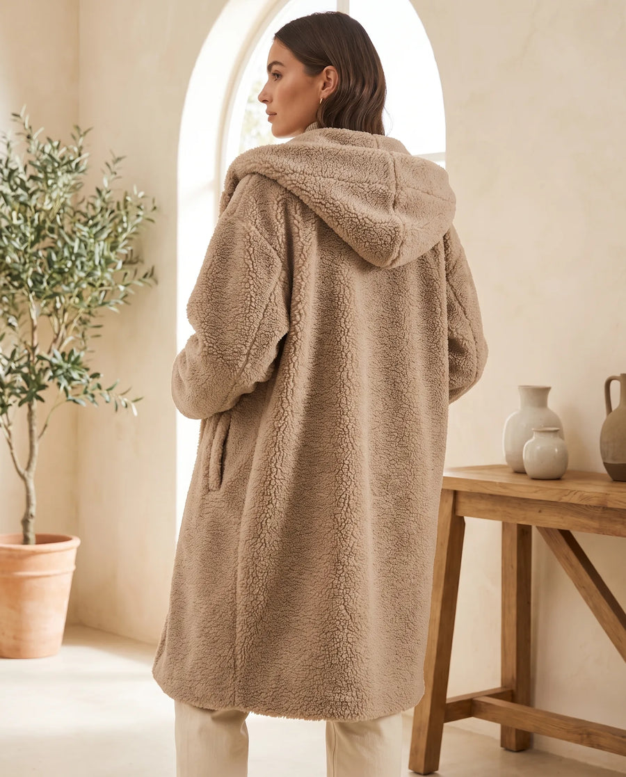 Women's Beige Hooded Teddy Coat | Elsie - Juana Fashion