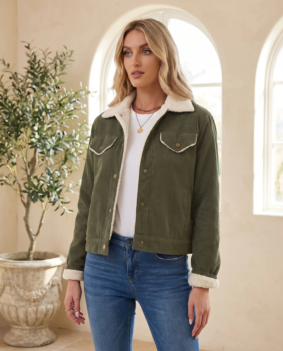 Women's Khaki Cropped Jacket with Plush Collar | Sage - Juana Fashion