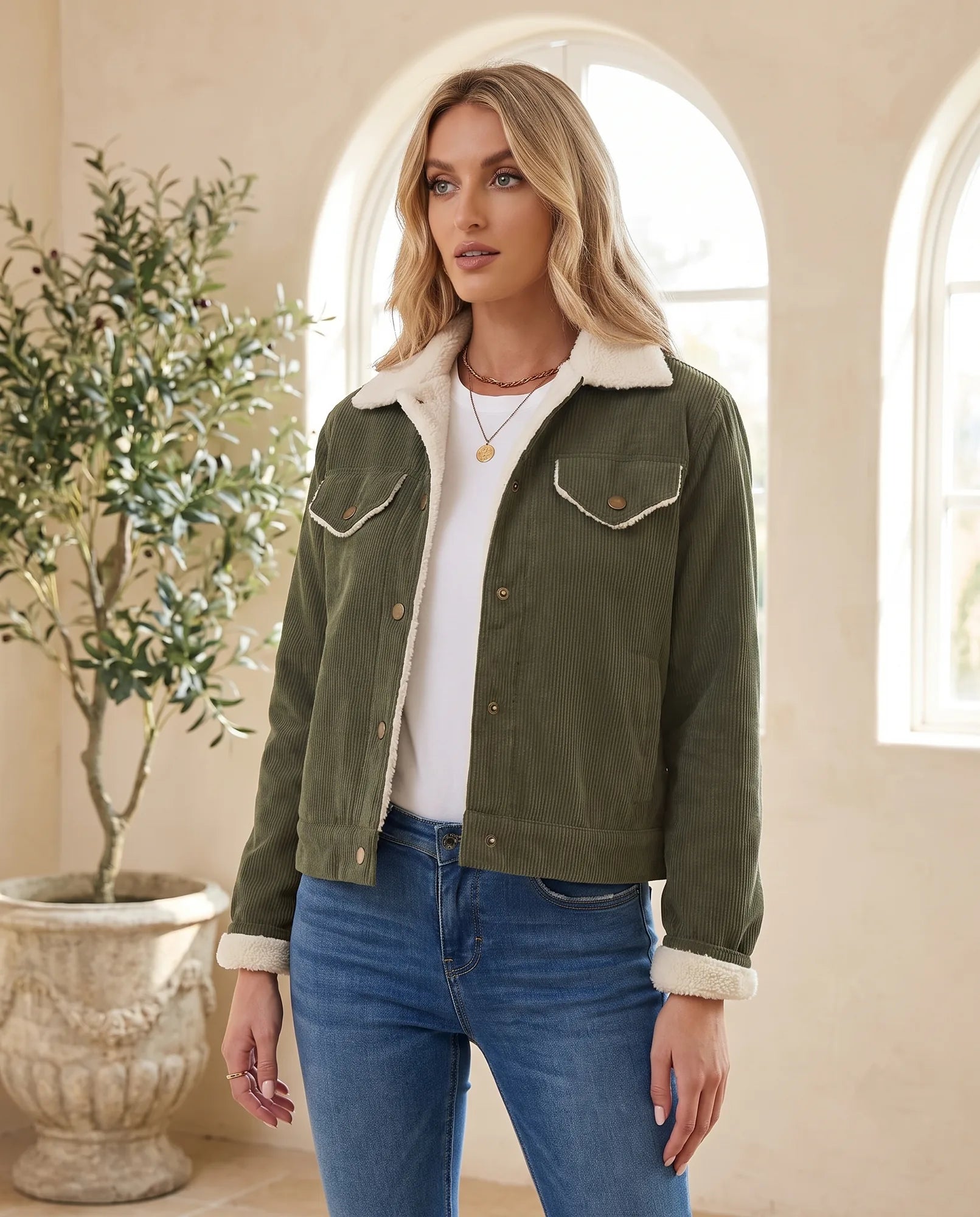 Women's Khaki Cropped Jacket with Plush Collar | Sage - Juana Fashion