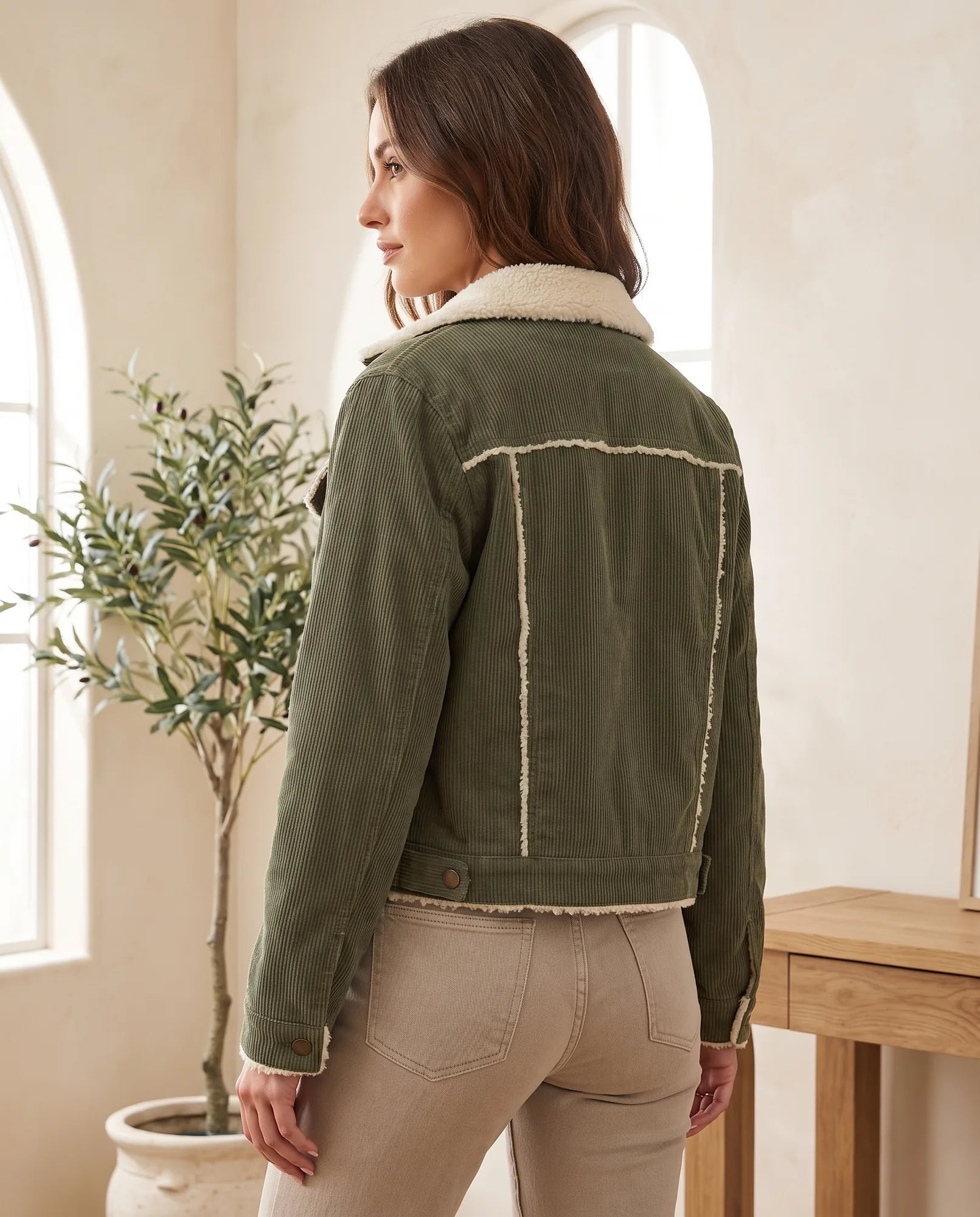 Women's Khaki Cropped Jacket with Plush Collar | Sage - Juana Fashion