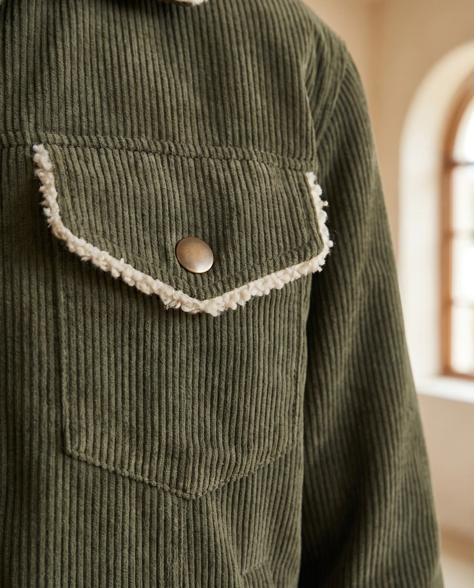 Women's Khaki Cropped Jacket with Plush Collar | Sage - Juana Fashion