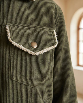 Women's Khaki Cropped Jacket with Plush Collar | Sage - Juana Fashion