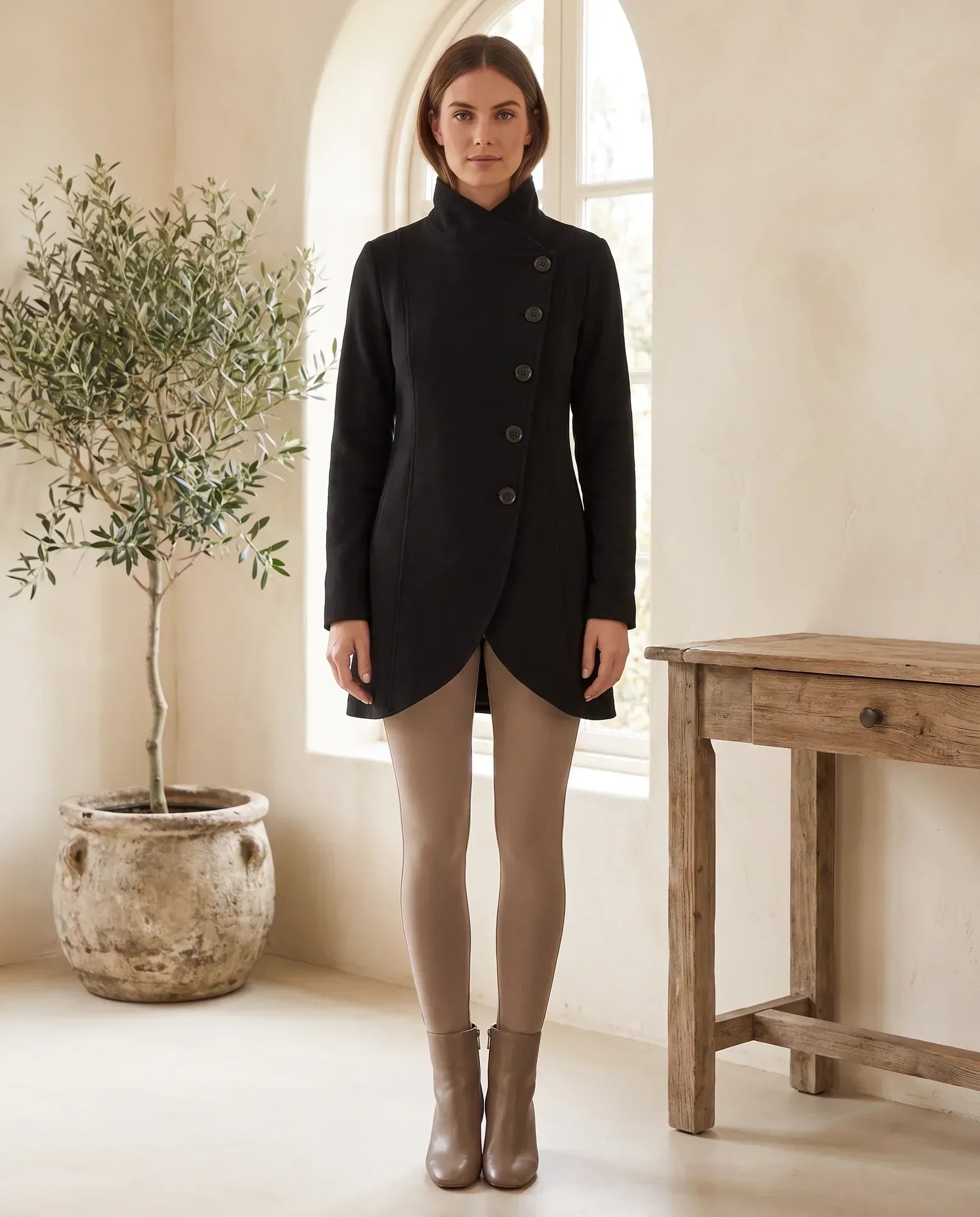 Women's Black Stand-Collar Coat with Asymmetric Closure | Simone - Juana Fashion