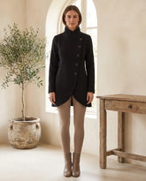 Women's Black Stand-Collar Coat with Asymmetric Closure | Simone - Juana Fashion