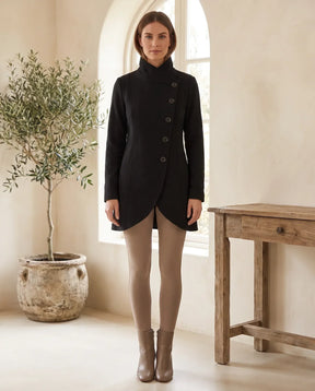 Women's Black Stand-Collar Coat with Asymmetric Closure | Simone - Juana Fashion