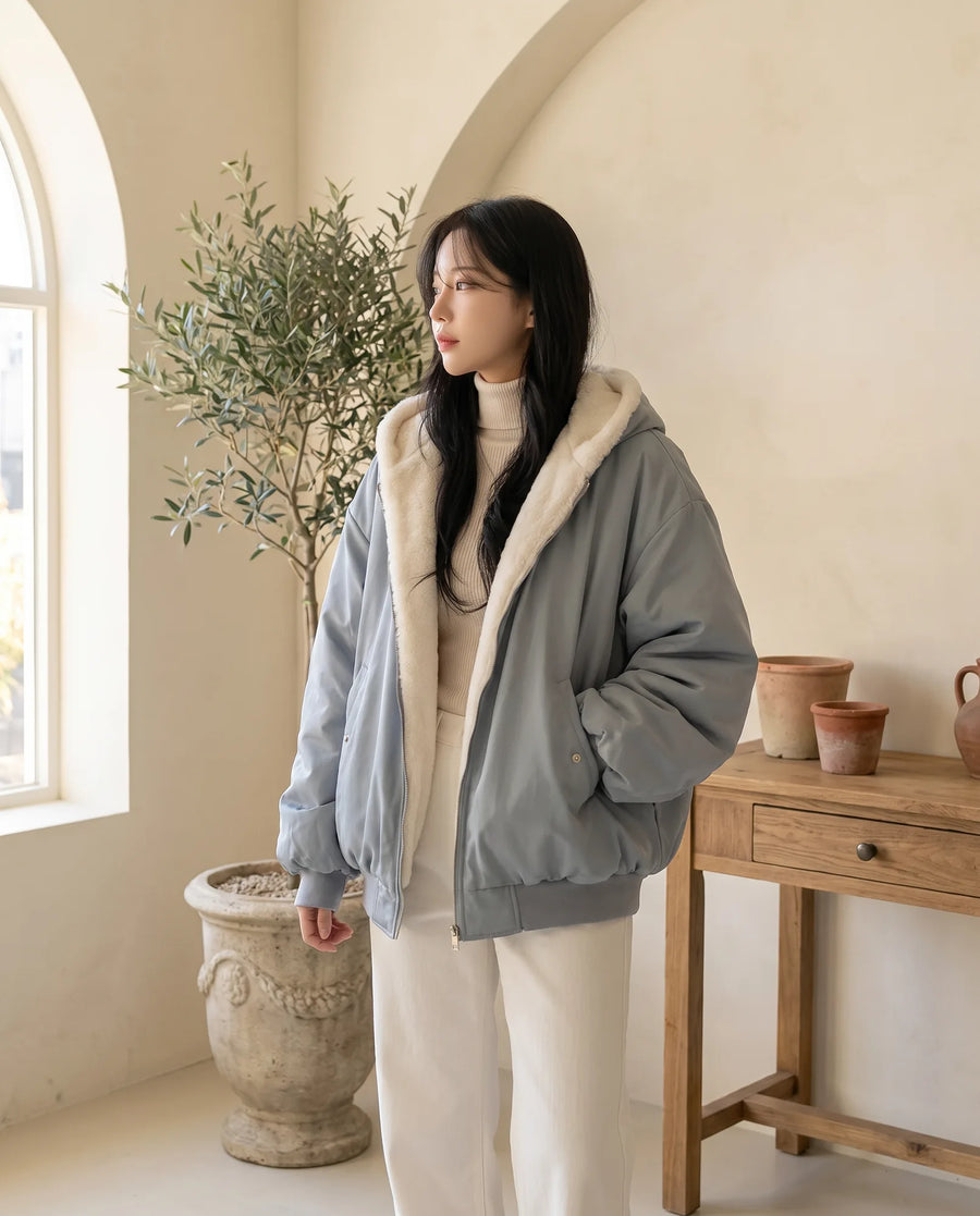 Women's Muted Blue Oversized Hooded Bomber Jacket | Poppy - Juana Fashion