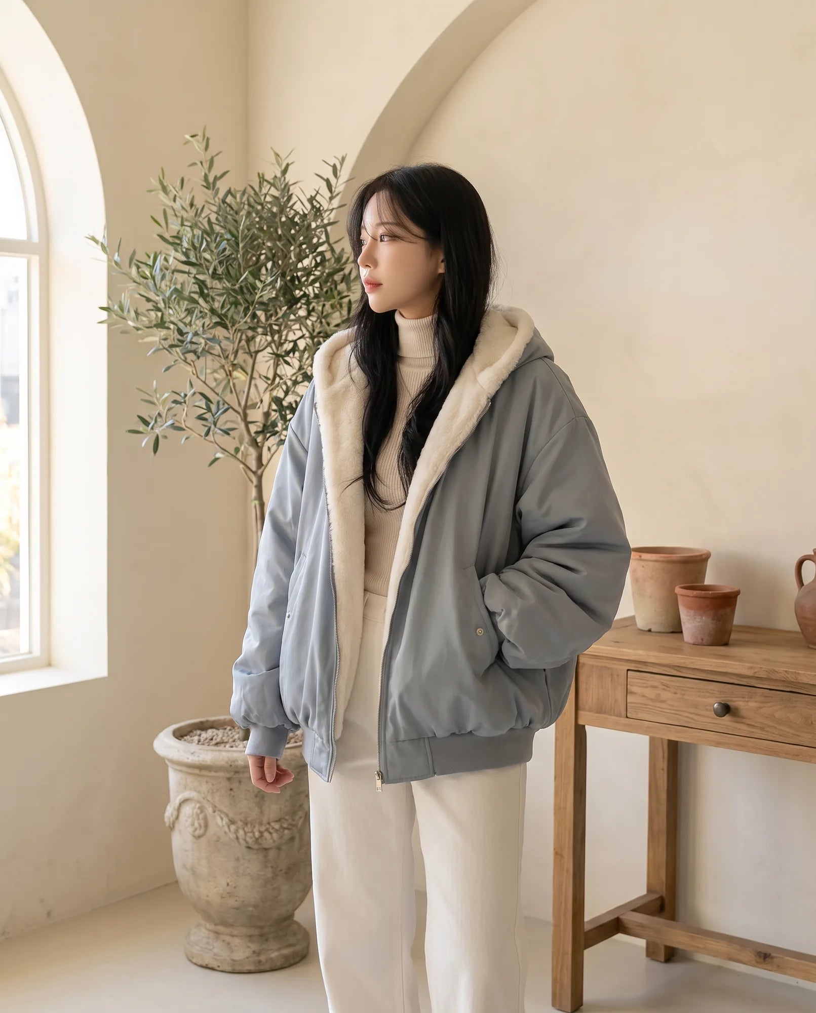 Women's Muted Blue Oversized Hooded Bomber Jacket | Poppy - Juana Fashion