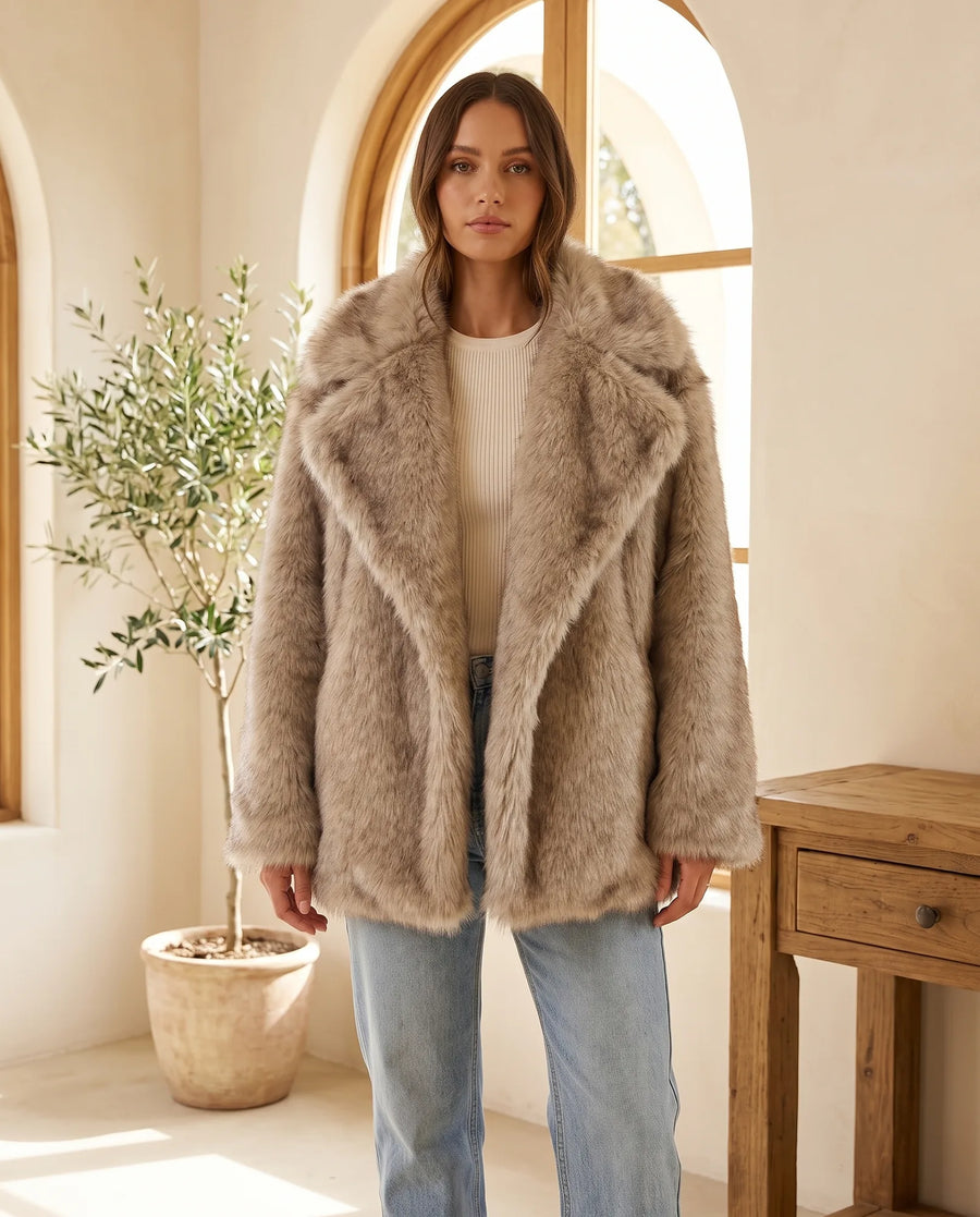 Women's Taupe Plush Coat | Fleur - Juana Fashion