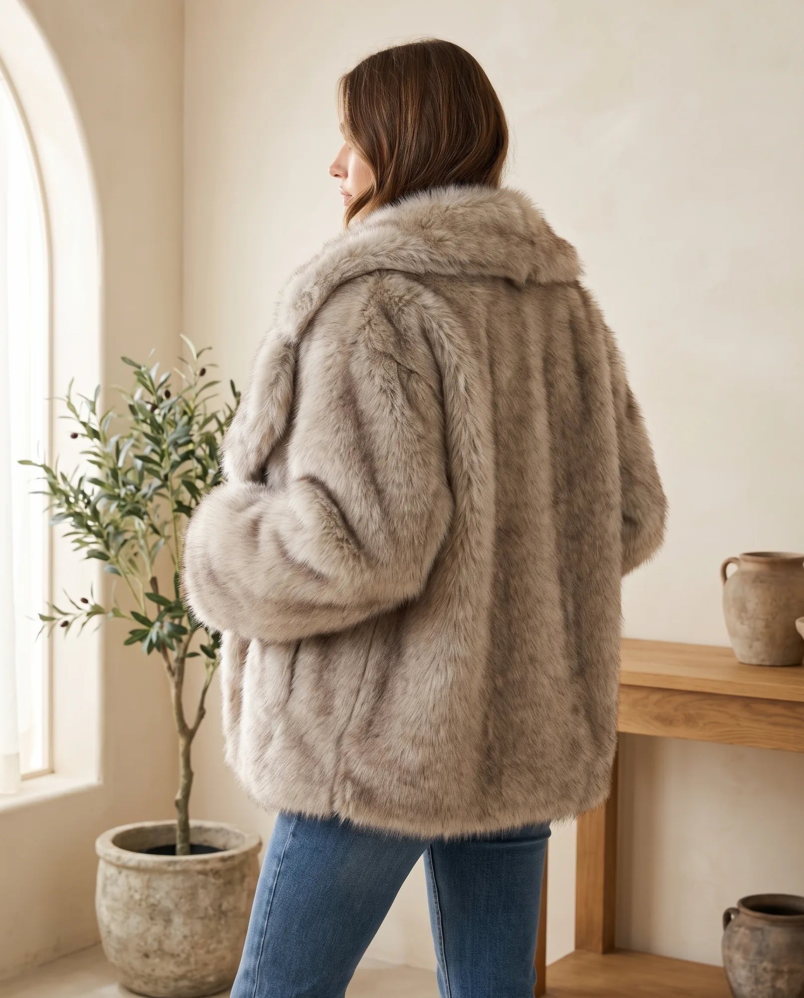 Women's Taupe Plush Coat | Fleur - Juana Fashion