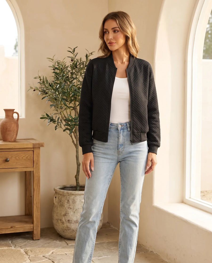Women's Black Quilted Bomber Jacket | Etta - Juana Fashion