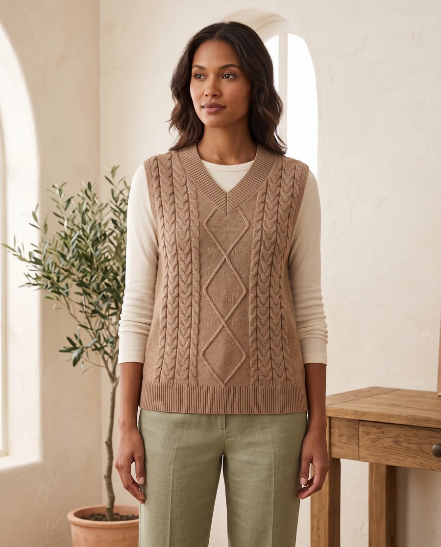 Women's Cable-Knit V-Neck Sweater Vest | Georgia - Juana Fashion