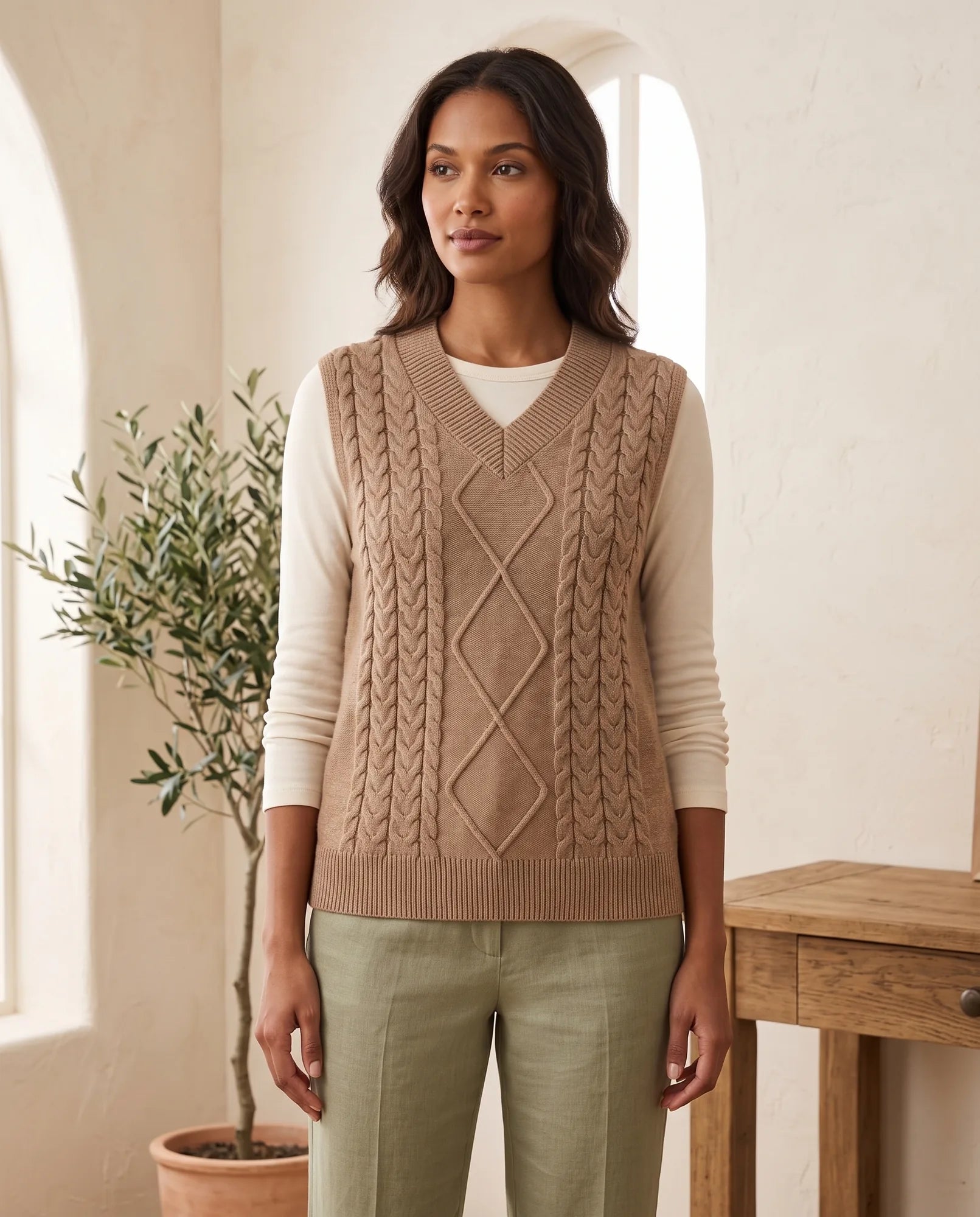 Women's Cable-Knit V-Neck Sweater Vest | Georgia - Juana Fashion