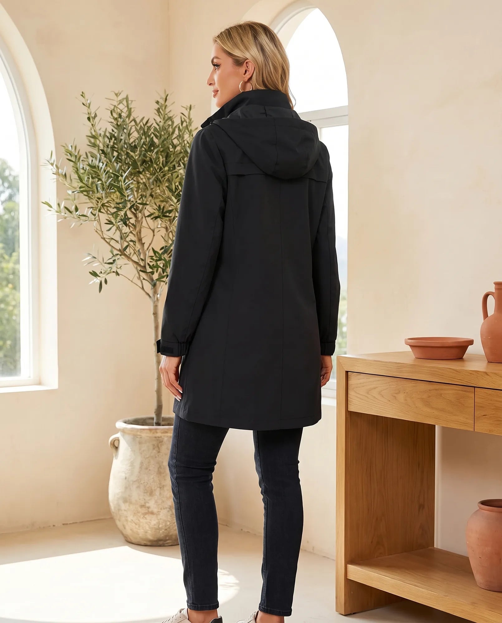 Women's Black Fitted Hooded Trench Coat | Harlow - Juana Fashion