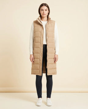 Women's Long Hooded Quilted Vest | Esme in Beige - Juana Fashion