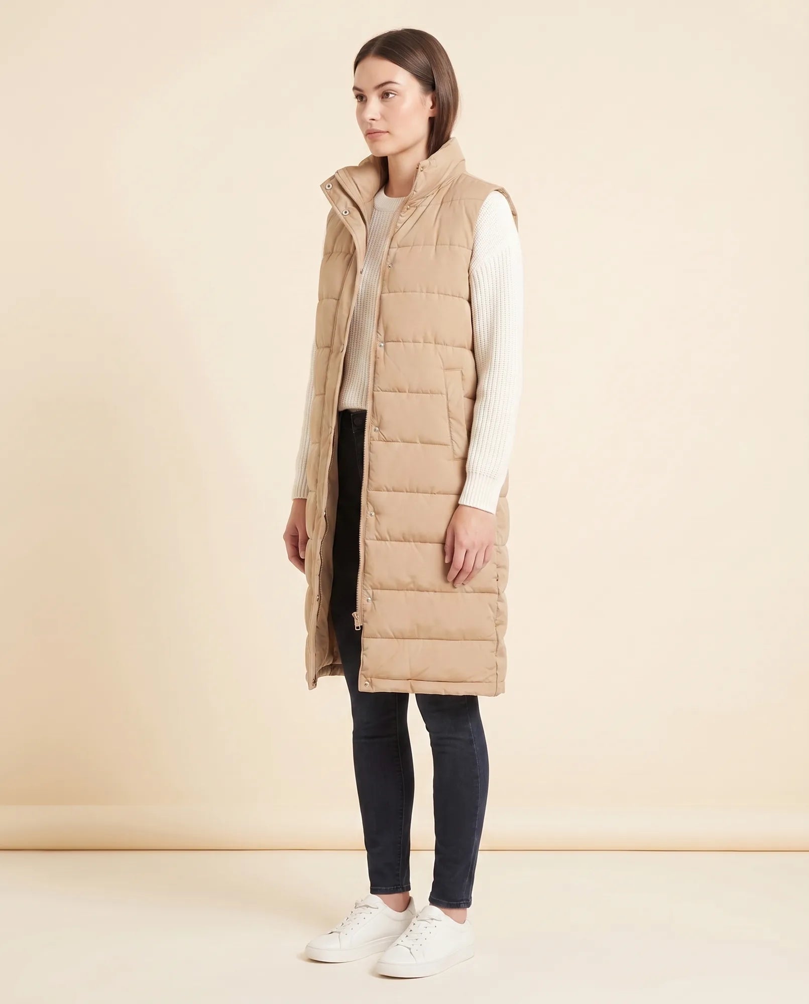 Women's Long Hooded Quilted Vest | Esme in Beige - Juana Fashion