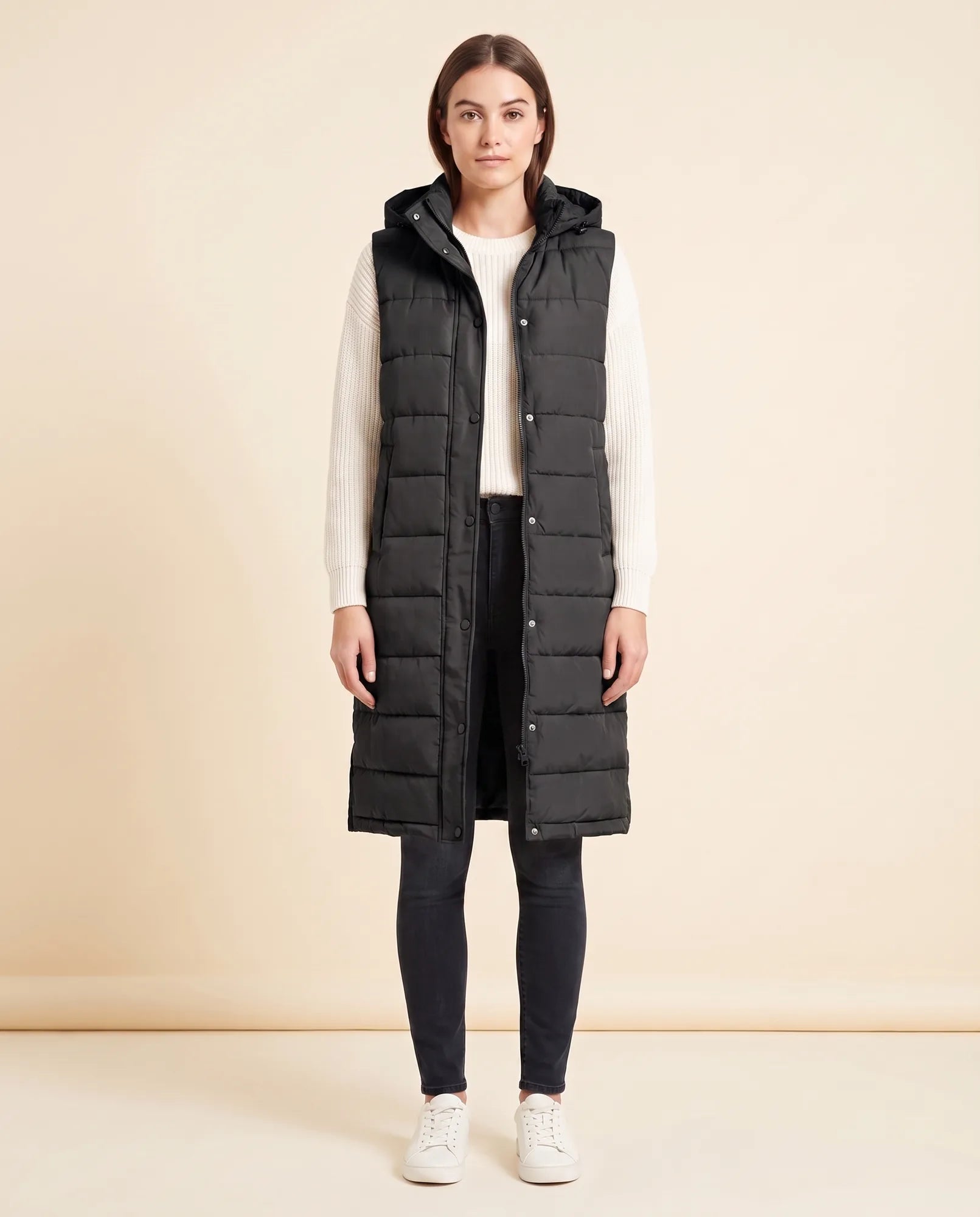 Women's Long Hooded Quilted Vest | Esme in Beige - Juana Fashion