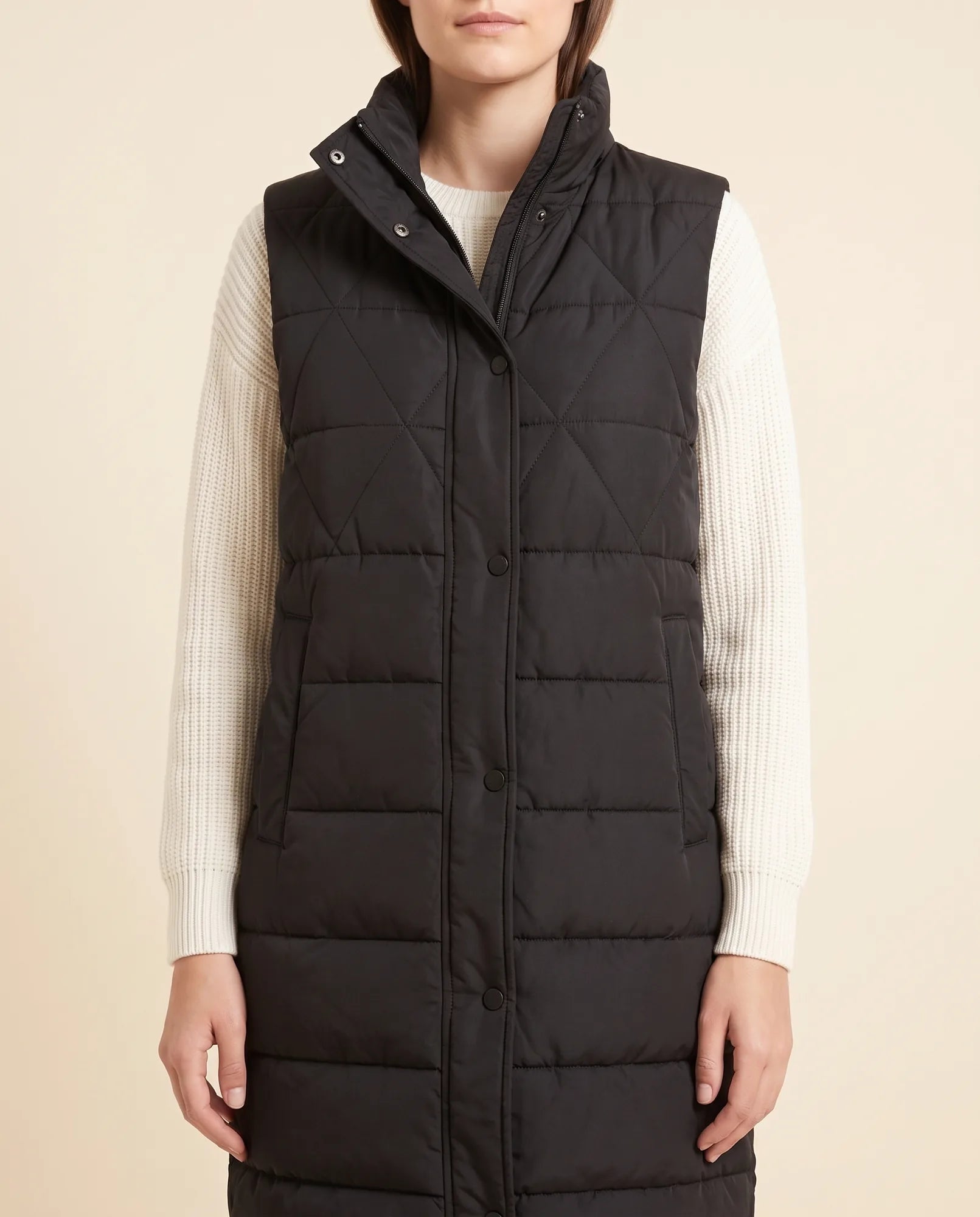 Women's Long Hooded Quilted Vest | Esme in Beige - Juana Fashion