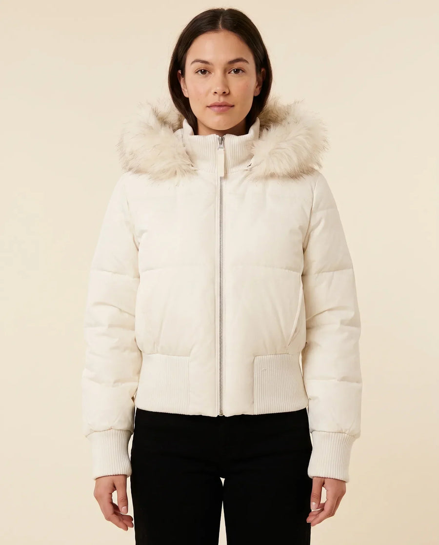 Women's Hooded Quilted Jacket with Ribbed Cuffs | Greta in White - Juana Fashion