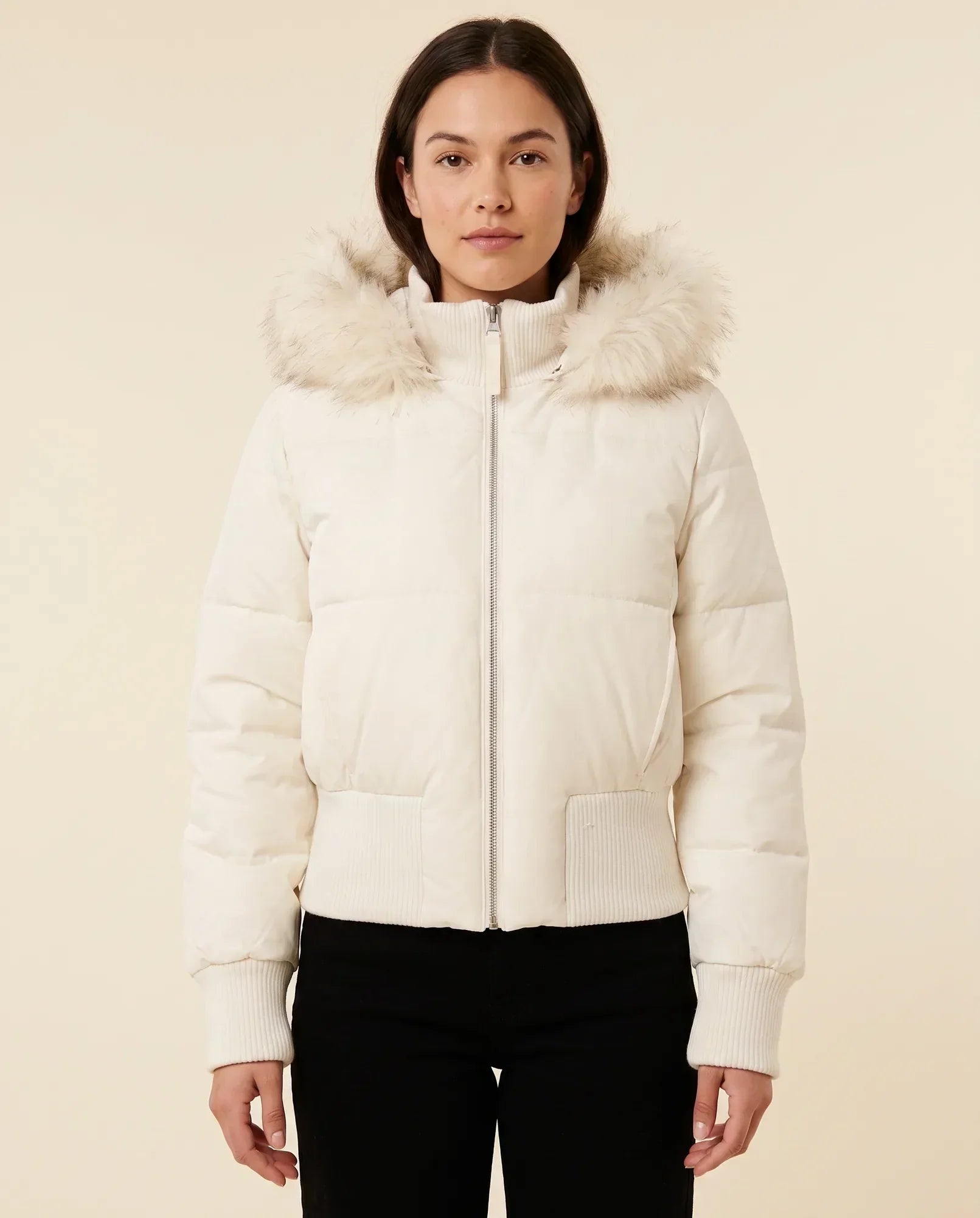 Women's Hooded Quilted Jacket with Ribbed Cuffs | Greta in White - Juana Fashion