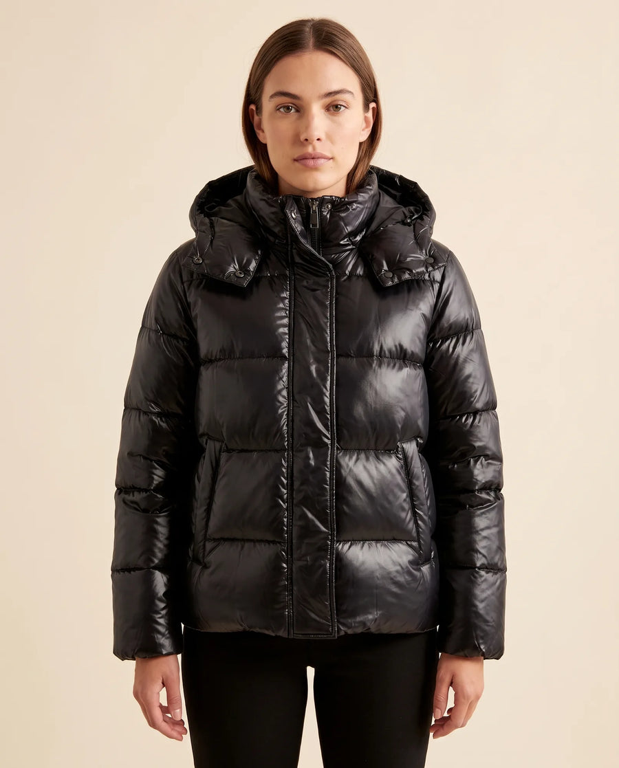 Women's Fitted Glossy Hooded Quilted Jacket | Hazel in Black - Juana Fashion