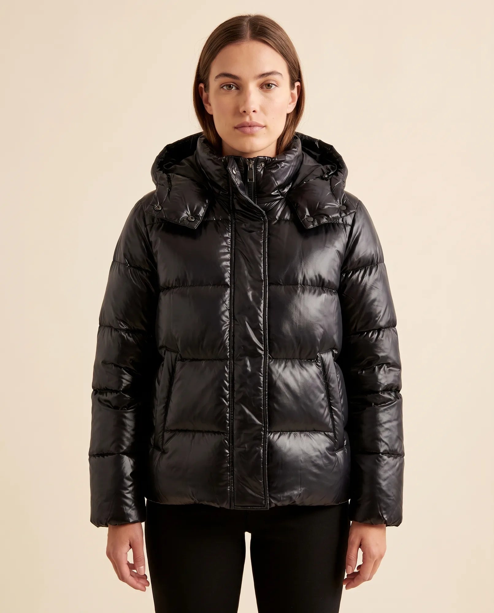 Women's Fitted Glossy Hooded Quilted Jacket | Hazel in Black - Juana Fashion