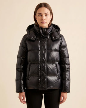 Women's Fitted Glossy Hooded Quilted Jacket | Hazel in Black - Juana Fashion