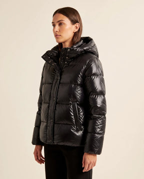 Women's Fitted Glossy Hooded Quilted Jacket | Hazel in Black - Juana Fashion