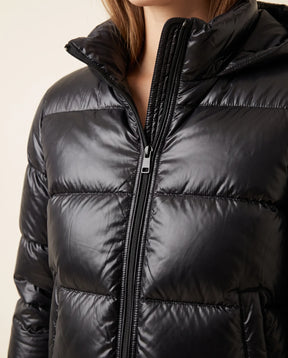 Women's Fitted Glossy Hooded Quilted Jacket | Hazel in Black - Juana Fashion