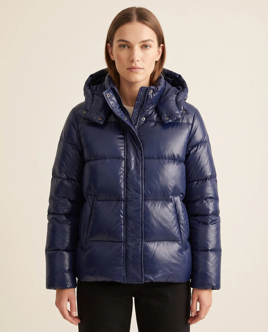 Women's Fitted Glossy Hooded Quilted Jacket | Hazel in Black - Juana Fashion