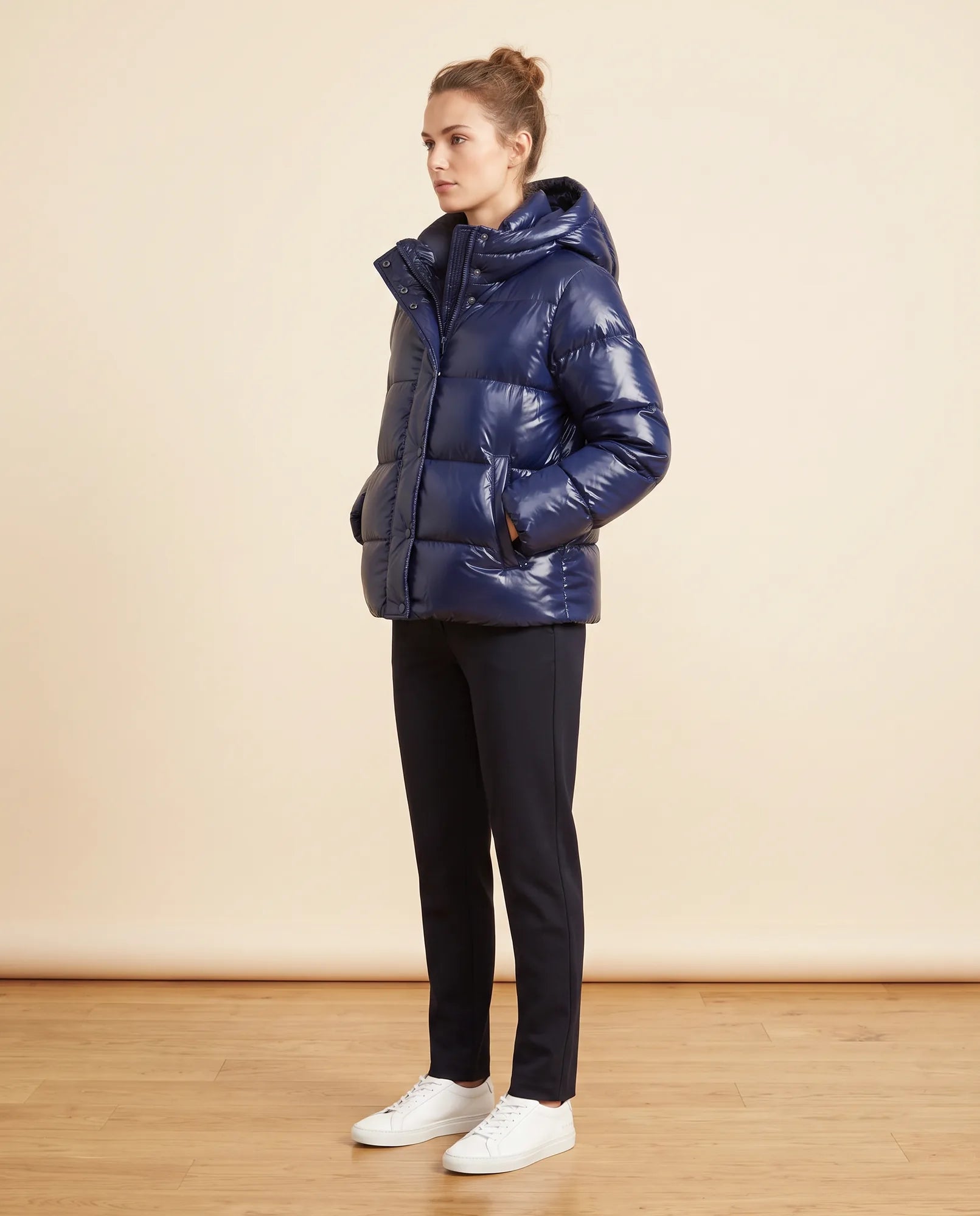 Women's Fitted Glossy Hooded Quilted Jacket | Hazel in Black - Juana Fashion