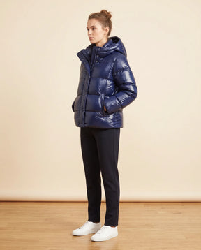 Women's Fitted Glossy Hooded Quilted Jacket | Hazel in Black - Juana Fashion