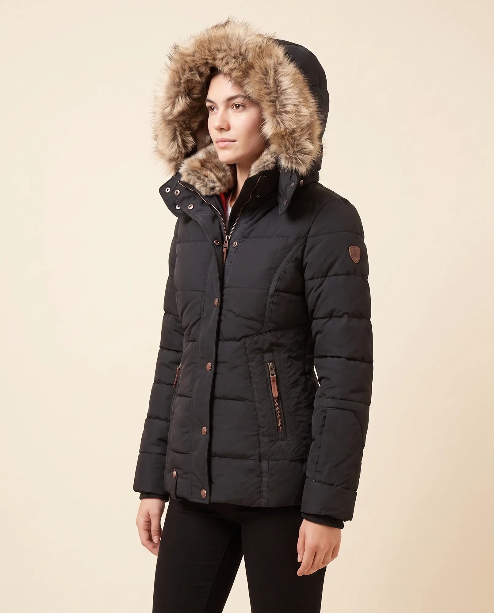 Women's Hooded Quilted Zip-Up Winter Jacket | Iris in Beige - Juana Fashion